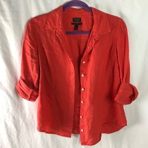 J Crew, perfect irish linen, button down, 6, bright pinkish orange